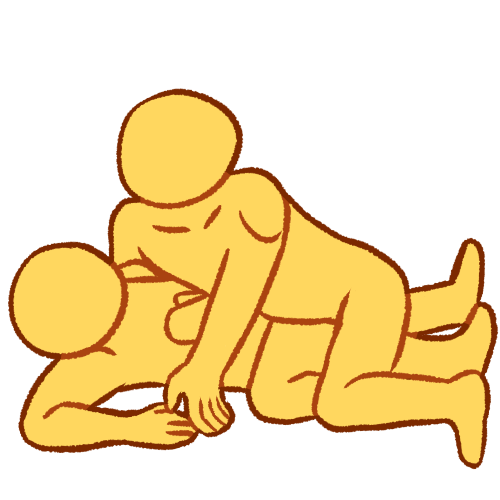 A drawing of two emoji yellow people, one being pinned laying down on the ground underneath the other one. The one on top is kneeling over the other person, who has one hand pinned to their chest and the other on the ground next to them. 